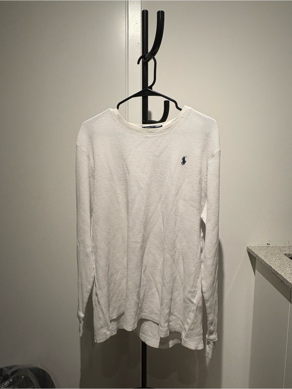 Ralph Lauren White Waffle-Knit Crewneck Sweater with Navy Pony